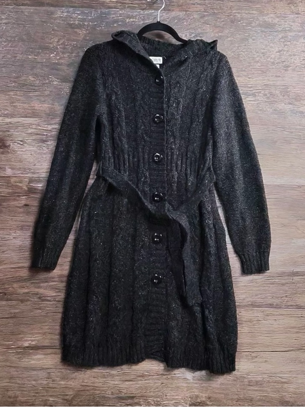 Motherhood Maternity Black Hooded Cable-Knit Button Cardigan with Belt - Picture 1 of 10